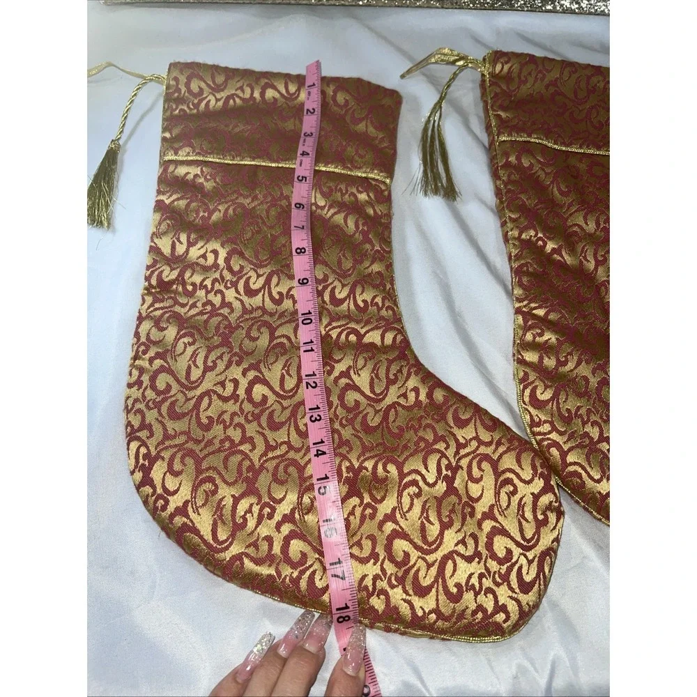 2 VILLA‎ BACCI BURGUNDY & GOLD TAPESTRY 17x 10 INCH MATCHING CHRISTMAS STOCKINGS